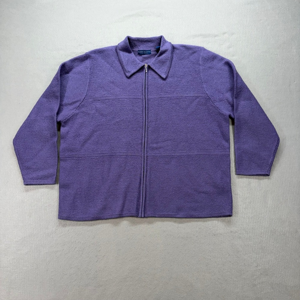 Karen Scott Zip Sweater Womens 2X Purple Pure Wool Australia Heavy Knit Jacket‎